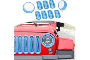 CheroCar for JK Mesh Grille Grill Insert & Headlight Cover Trim Exterior Accessories for Jeep Wrangler JK 2007-2018,Light Blue…