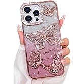 Bonoma Glitter Case for iPhone 13 Pro Max, Cute 3D Butterfly Pattern Plating Bling Case,Camera Protection Sparkly Slim Soft Back Cover for Women Girls,Pink