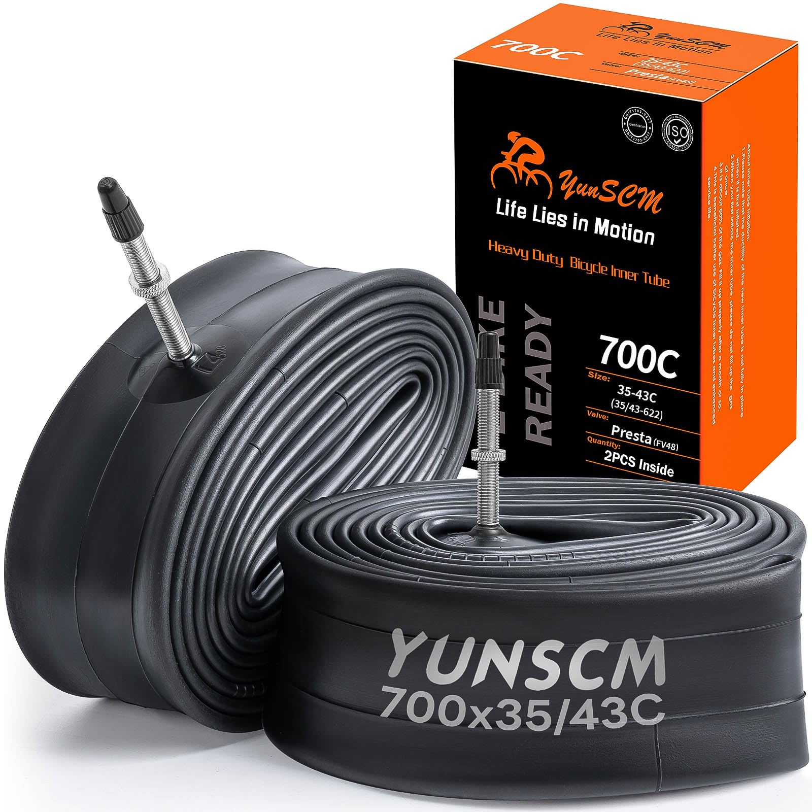 YunSCM 2-PCS 700C Bike Heavy Duty Tubes 700x35C 700x36C 700x38C 700x40C 700x41C 700x42C 700x43C ETRTO 35/43-622 FV48mm Presta Valve Compatible with 700x35C/36C/38C/40C/41C/42C/43C Road bike Tyre Tubes