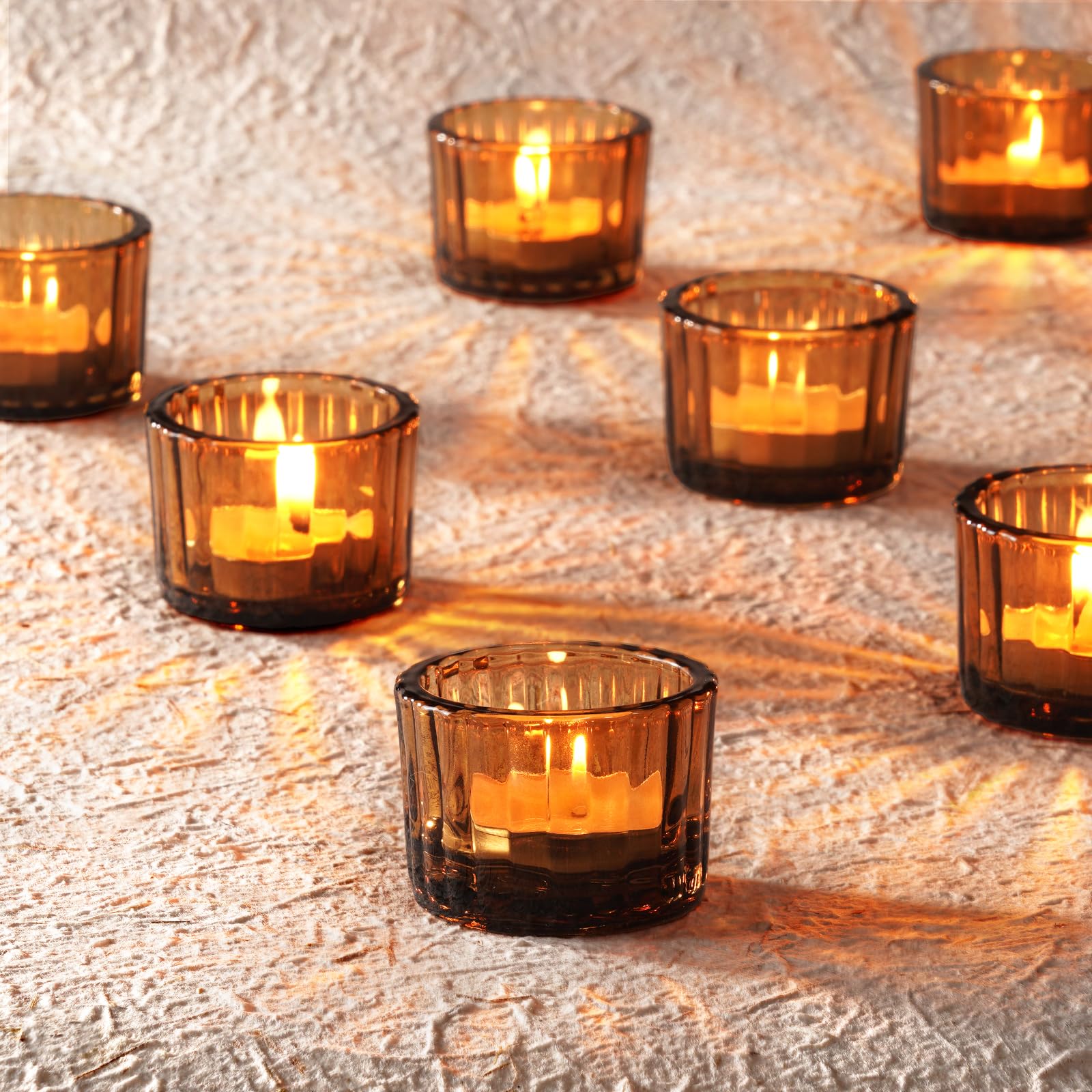 Photo 1 of Homemory 12 Pcs Tealight Candle Holders, Amber Votive Candle Holders, Glass Candle Holder for Table Centerpiece, Wedding, Baby Shower, Birthday, Party, Halloween, Christmas