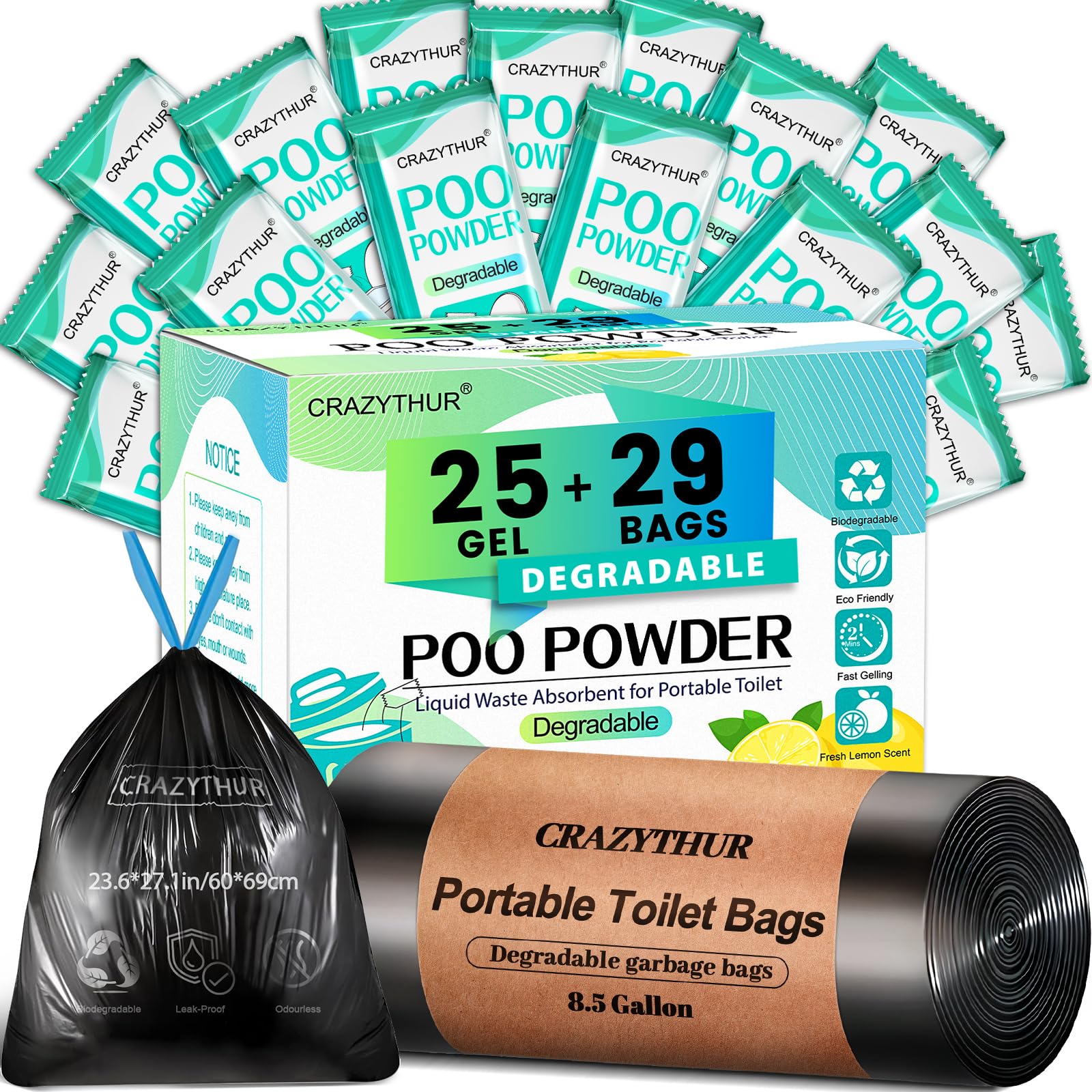 Photo 1 of CRAZYTHUR 29PCS Portable Toilet Bags with 25PCS for Poo Powder Set, 8.5 Gallon Camping Toilet Bag Portable Toilets Absorbent Power, Camping Potty Bags for Outdoor Hiking Emergency Toilets