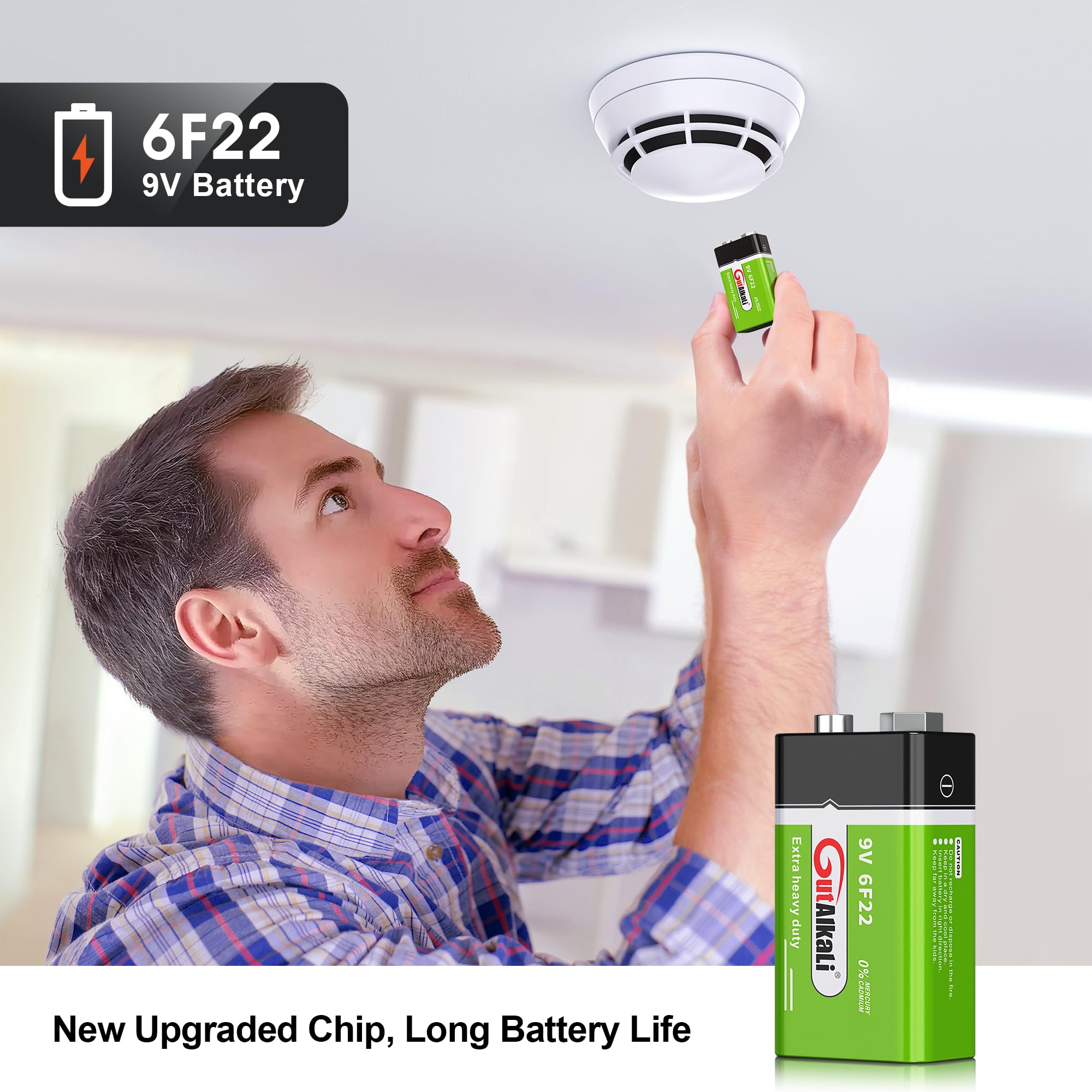 GutAlkaLi Batterien 9V Blockbatterie, 6 Stück, Longlife Power für Rauchmelder, Brand- & Feuermelder, Mikrofon 6lr61 6F22 PP3 MN1604 6