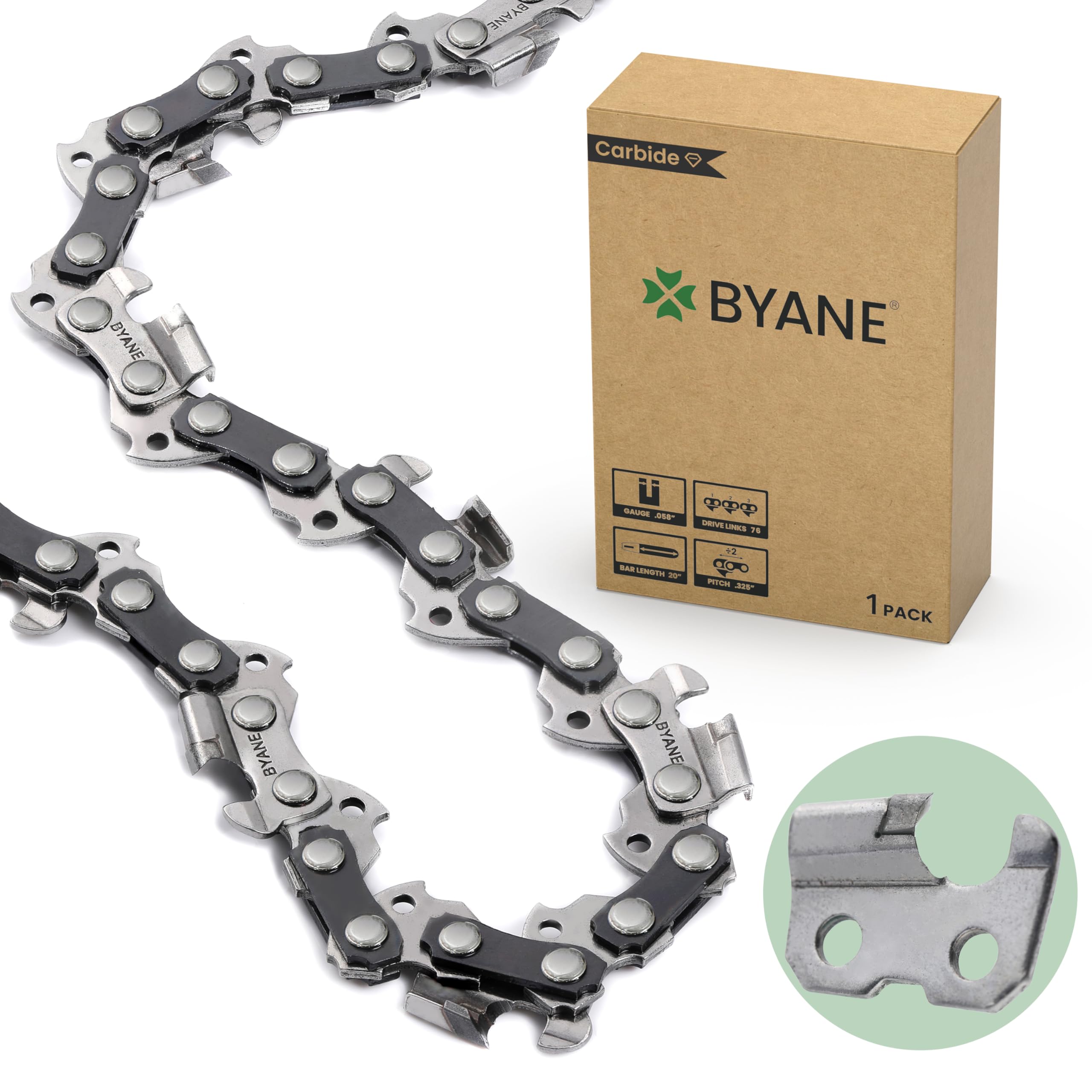 Photo 1 of BYANE Carbide Chainsaw Chain 20 Inch, .325 Pitch, 058" Gauge, 76 Drive Links, Low Kickback, Fits Blue Max 53543, 52209, 8901, 8902, Oregon and More (1 chain).