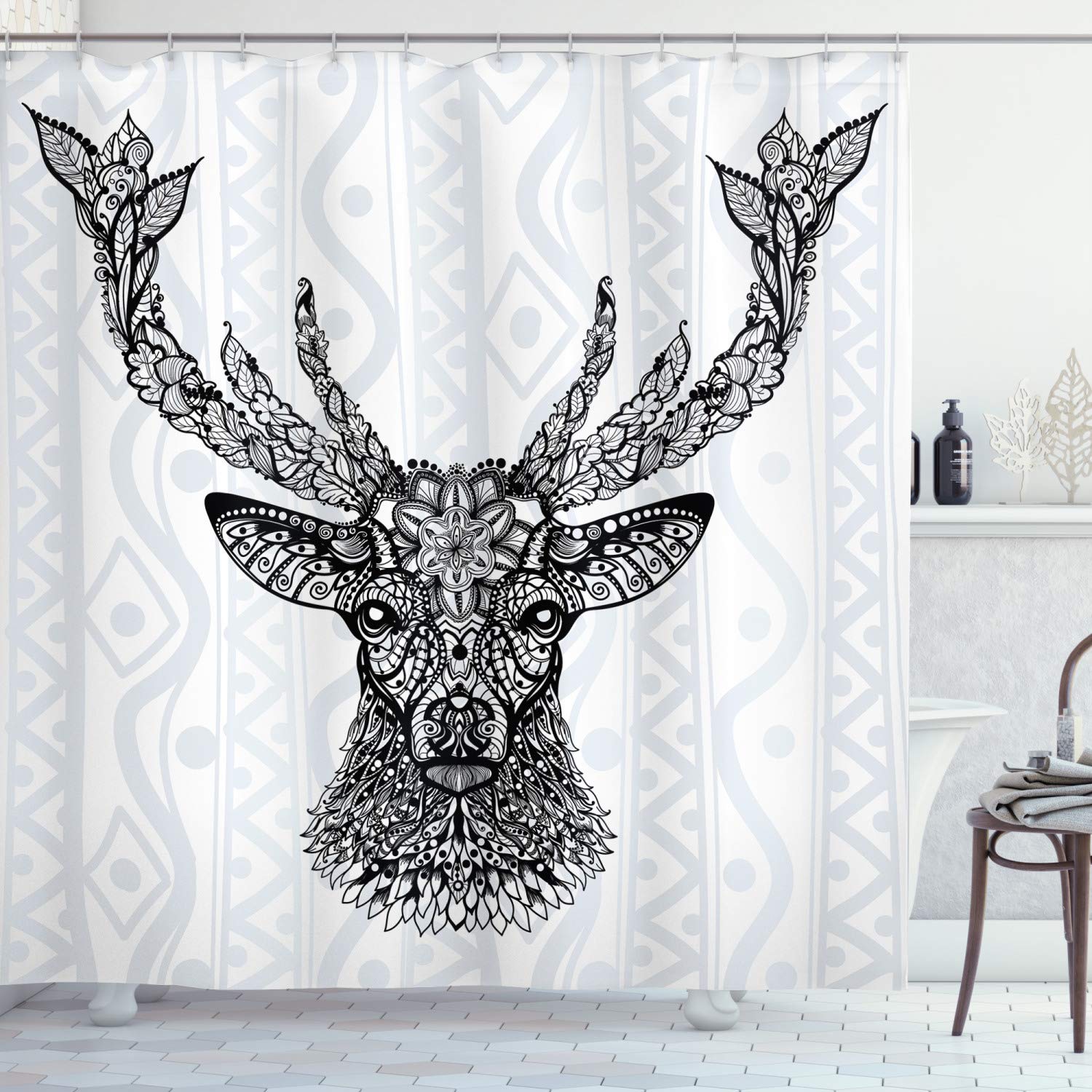 ABAKUHAUS Deer Shower Curtain, Aboriginal Floral Polynesian Deer Pattern Mammal Boho Design, Cloth Fabric Bathroom Decor Set with Hooks, 86 Inches Extra Long, Black White โ image 1