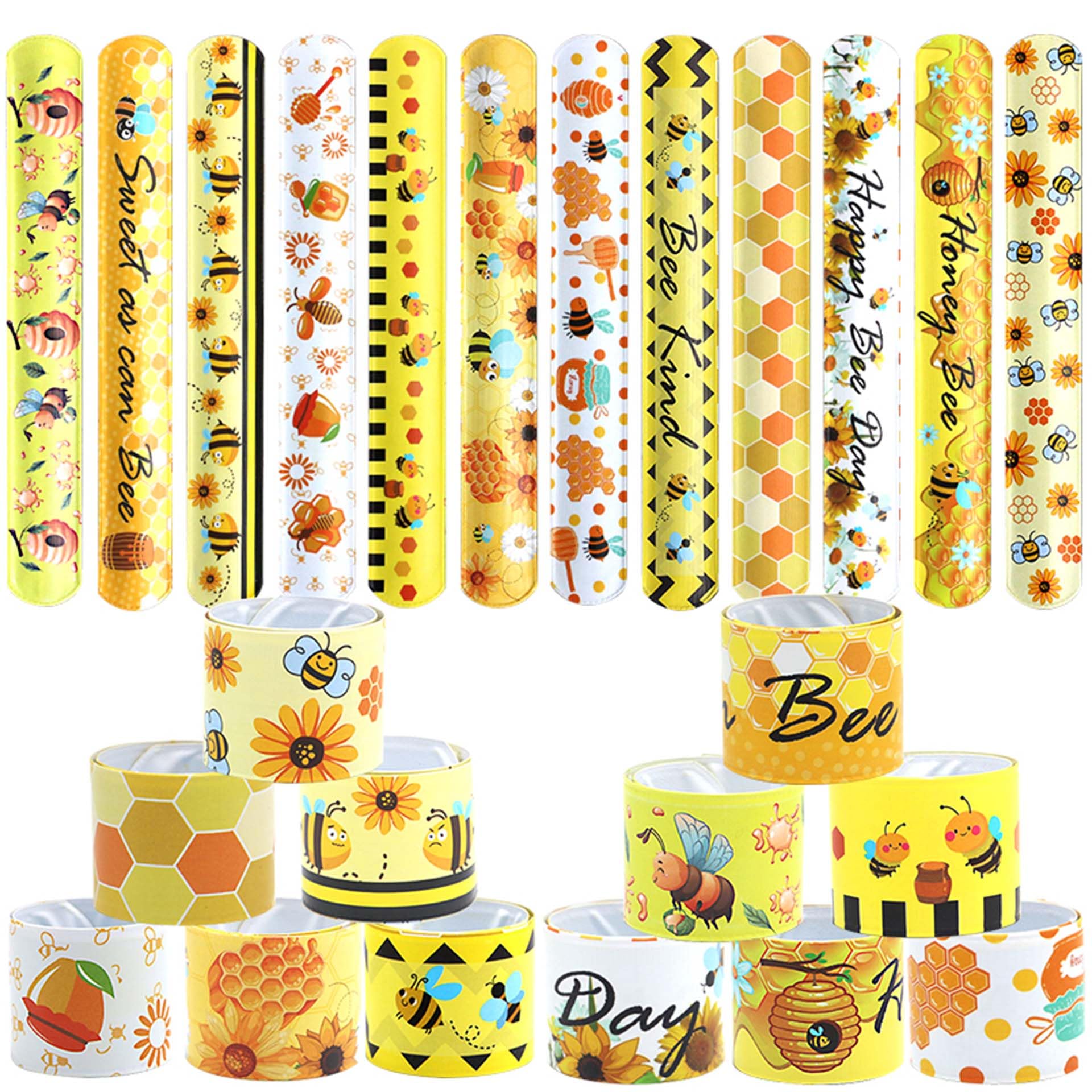 Photo 1 of Qpout 48pcs Bee Slap Bracelets Honeycomb Wristbands Assorted Color Bee Theme Party Favors Sunflower Wristband Honeybee Yellow Bee Birthday Slap Bands Baby Shower for Classroom Prizes