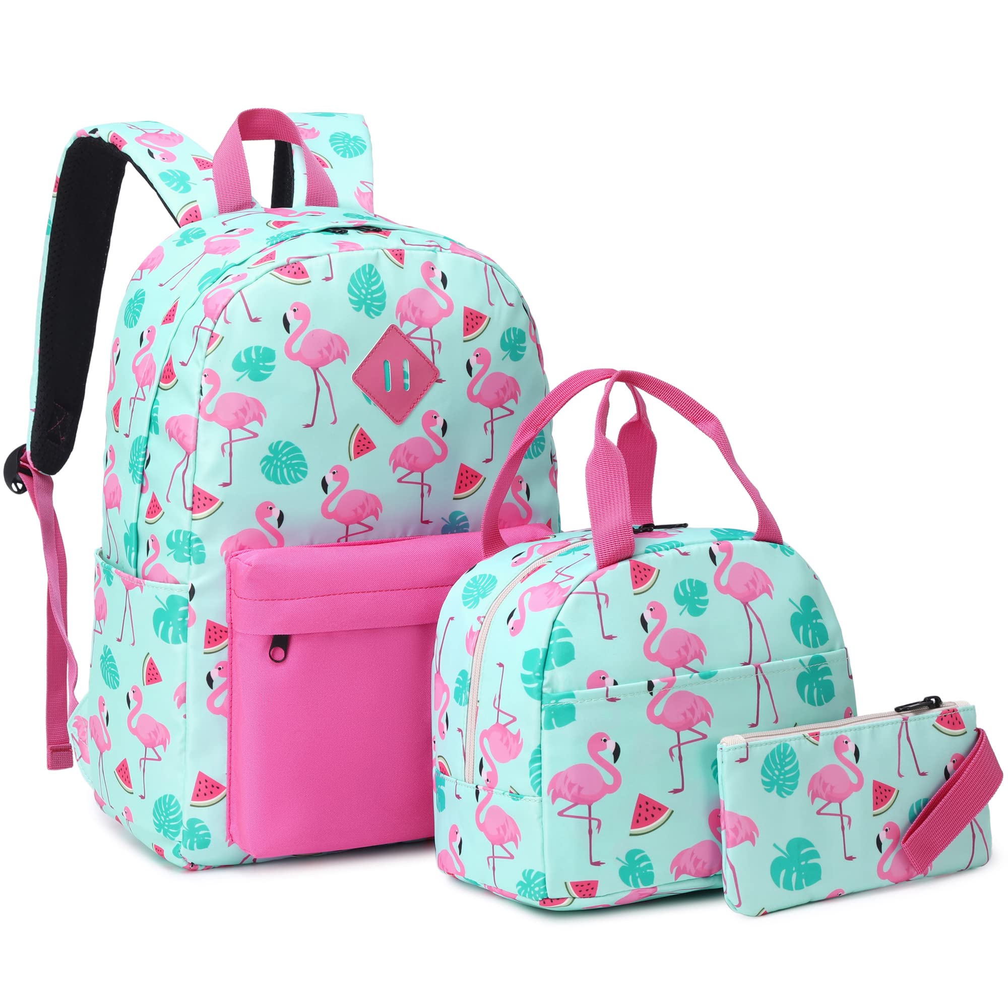 Mimfutu School Backpack for Teen Girls, 3-in-1 Kids Backpack Bookbag Set School Bags with Lunch Box Pencil Case (Flamingo)