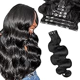 FBLhair 16 inch Seamless Body Wave Clip in Extensions Real Human Hair Extensions Clip Ins 110g 7pcs Thick Invisible Clip in Hair Extensions #1B Natural Black