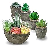 SPEPLA Succulents Plants Artificial Set of 5, Realistic Fake Succulents with Cement Like Pots for Home Office Decoration.