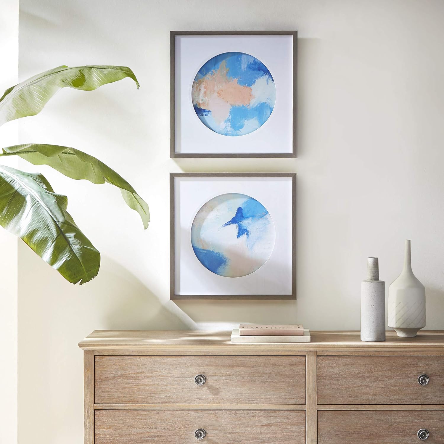 Urban Habitat Groove Wall Art Living Room Décor-Abstract Matted Glass Frame Home Accent Modern Bathroom Decoration, Ready to Hang Poster Painting for Bedroom, 21.5" x 21.5", Multi, 2 Piece: Home & Kitchen