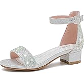Dufannie Girls Sandals Low Heels Dress Pump Ankle Strap Open Toe Flower Girl Wedding Party for Toddler Little Big Kid