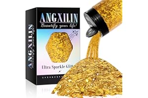 ANGXILIN Holographic Chunky & Fine Mixed Glitter, 190g/6.7oz - Bulk Laser Sequin Glitter for Face, Body & Nail Art, Epoxy Resin Tumbler & Jewelry Making - Bright Gold