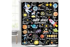 Homewelle Kid Outer Space Alphabet Shower Curtain ABC Cute Cartoon Universe Planet Funny Child Educational Learning Tools 60Wx72H Inch for Kid Nursery Waterproof Polyester Fabric Bathroom Bathtub