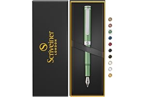 Scriveiner Luxury EDC Fountain Pen (Medium), Stunning Matt Green Pocket Pen, Chrome Finish, Schmidt German Nib, Converter, Best Writing Pen Gift Set for Men & Women, Nice Fancy Office Designer Pen