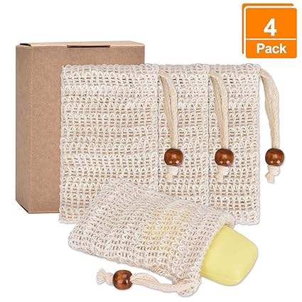 Pretop 4x Seifensäckchen Bio, Seifensäckchen Sisal, Seifenbeute Natur, Aufschäumen und Trocknen der Seife, Peeling, Massage, 