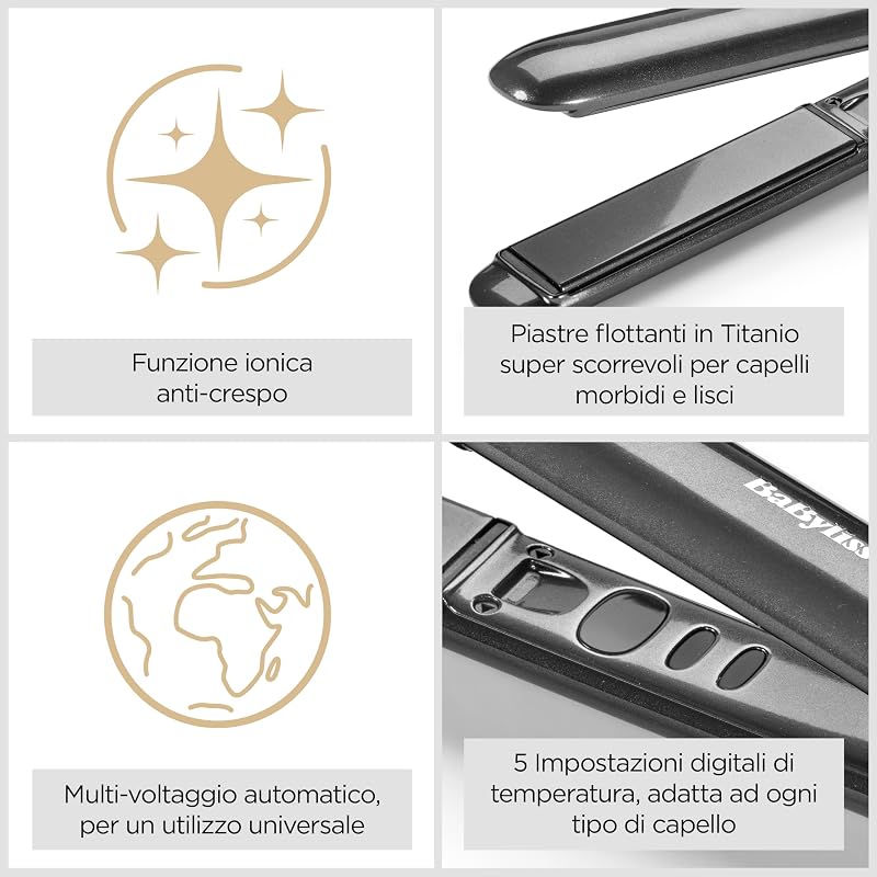 Titanium Shine Piastra Capelli - Tecnologia in Titanio-Ceramica a Scorrimento Morbido, 5 Impostazioni di Calore 150–230°C, Uso Internazionale, Argento, ST260E — foto 2 di 5