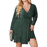 Zeagoo Plus Size Womens Glitter Dress V Neck Long Sleeve Ruffle Hem Swing Club Cocktail Party Dresses