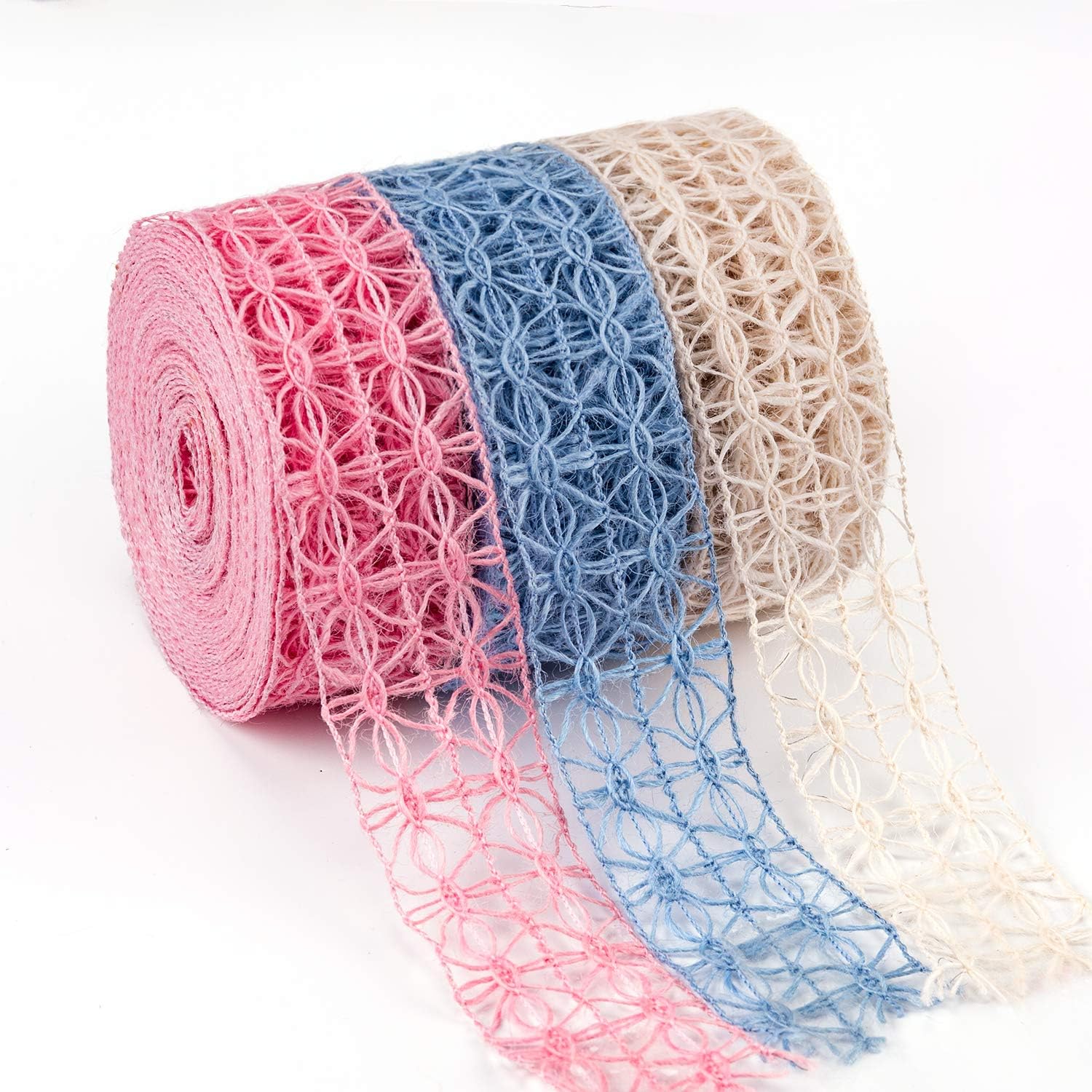 Laribbons Raised Grain Natural Burlap Wired Ribbon - 1.5 Inch x 10 Yard Each Roll - 3 Rolls (Blue + Ivory + Pink), Ribbons for Wedding Decor, Bouquets, Gift Wrapping