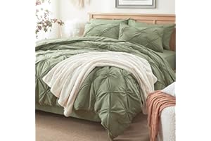 Anluoer Queen Comforter Set 7 Piece, Pintuck Olive Green Bed in a Bag with Sheets, Pinch Pleat Complete Bedding Sets with 1 Comforter, 2 PillowShams, 2 Pillowcases, 1 Flat Sheet, 1 Fitted Sheet