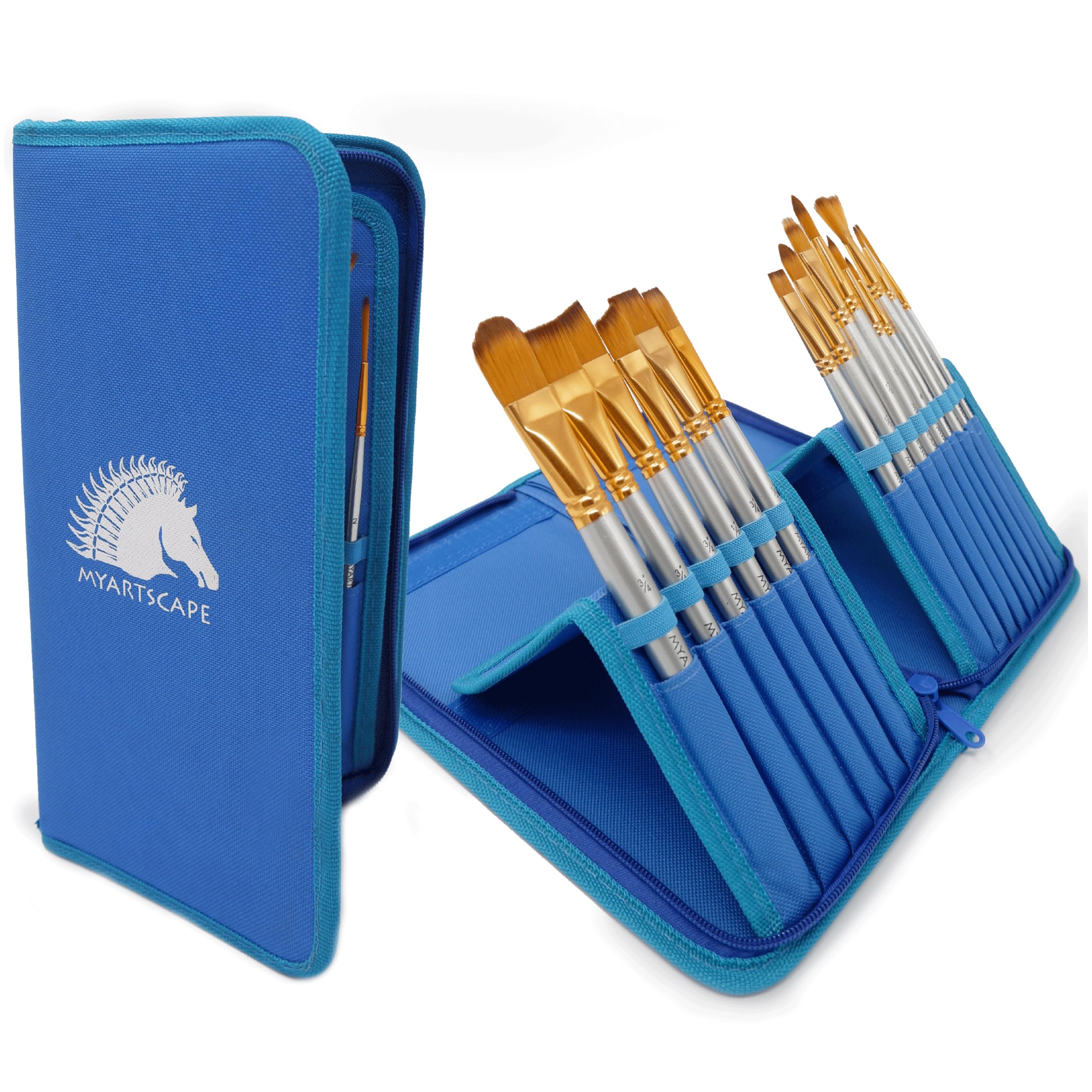 MyArtscape Paint Brushes - 15 Pc Art Brush Set for Watercolor, Acrylic, Oil & Face Painting | Short Handle Artist Paintbrushes with Travel Holder | 1 Year Warranty (Cool Blue)