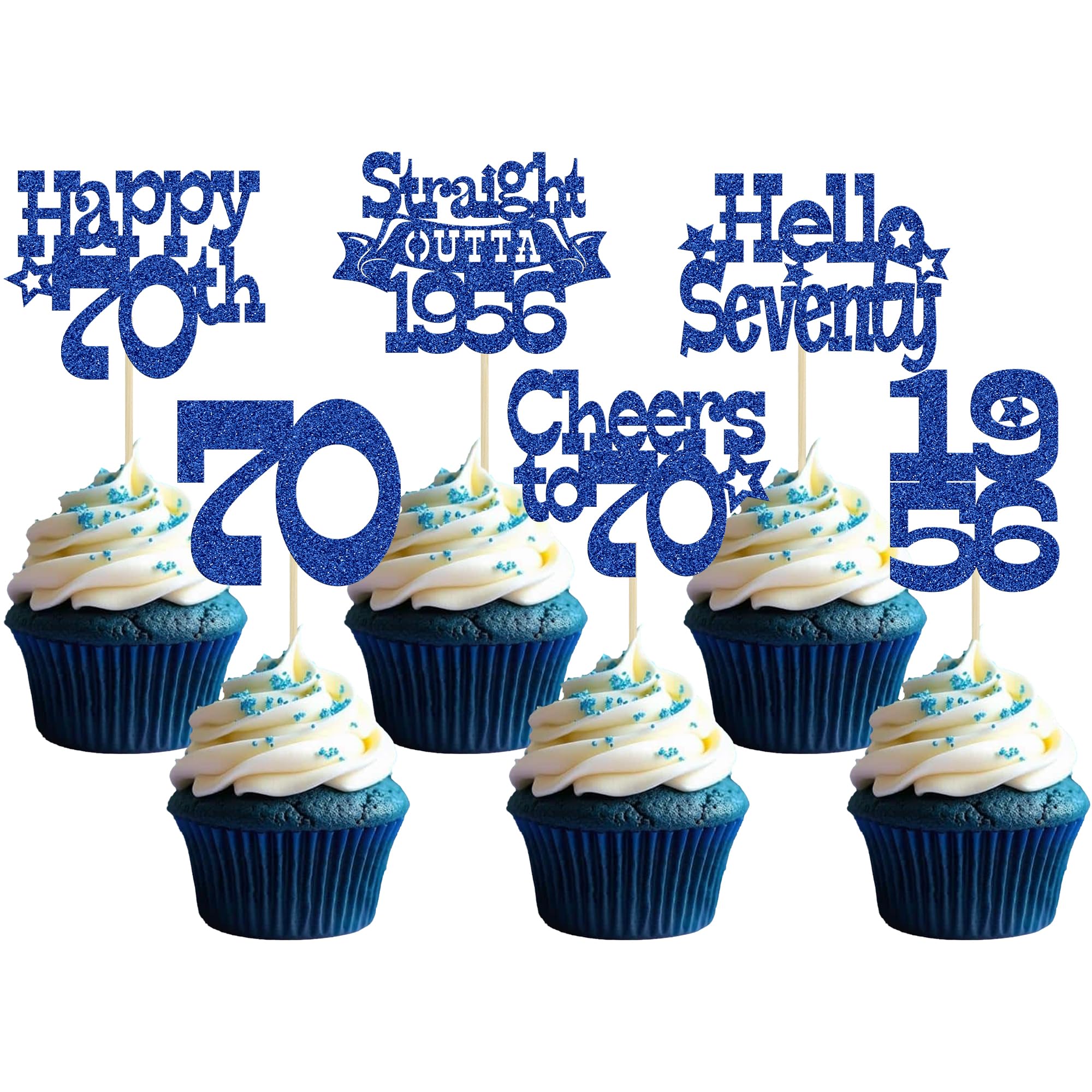 Ephlyn 30Pcs Happy 70th Birthday Cupcake Toppers Glitter Seventy Straight Outta 1956 Cupcake Picks Cheers to 70 Years Cake Decorations for Happy 70th Birthday Anniversary Party Supplies Blue
