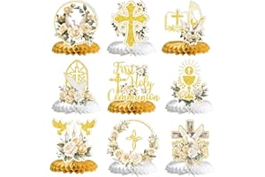 CALARJETA First Holy Communion Honeycomb Centerpieces, Baptism Decorations, God Bless Religious Party Table Decor, First Communion Table Centerpiece, Christening Baby Shower Party Decorations 9PCS