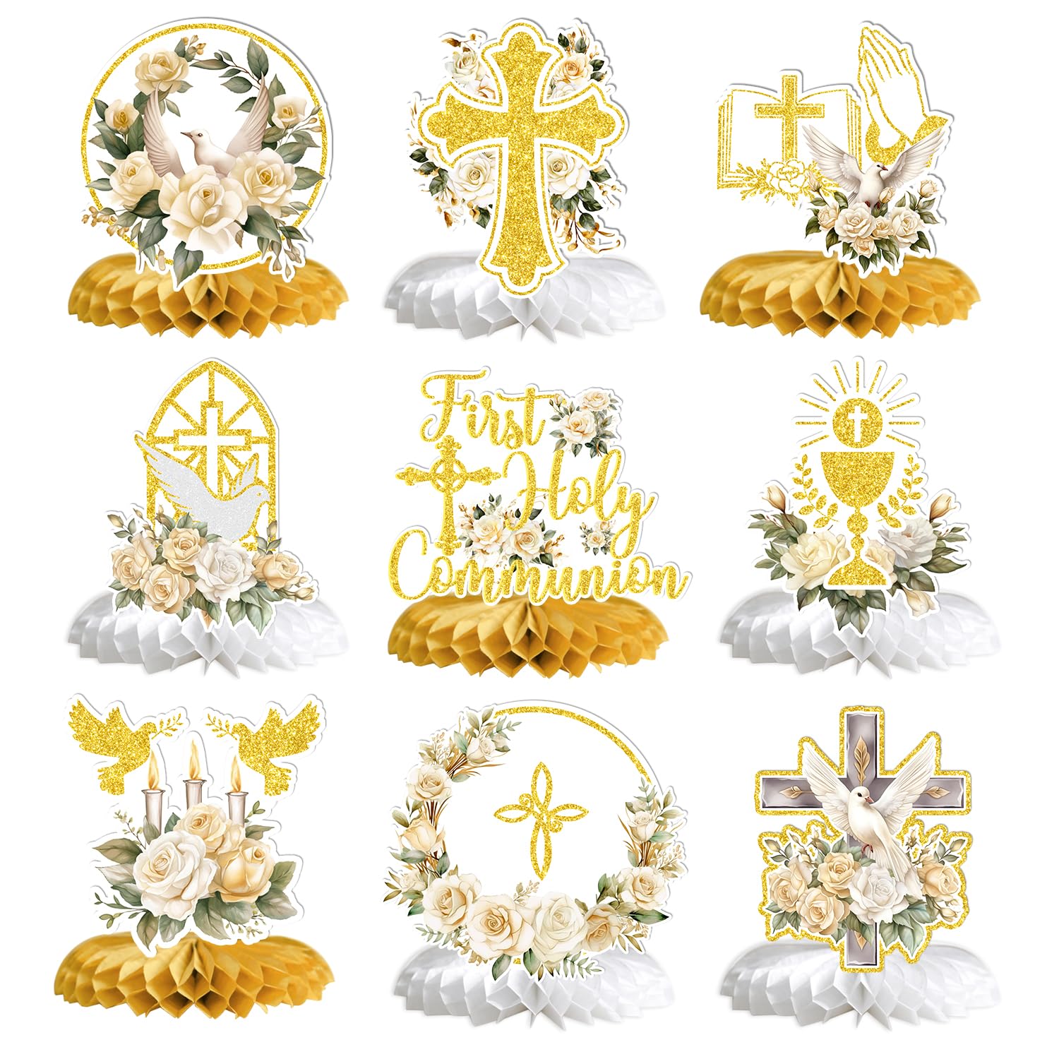 thumbnail image 2 of First Communion Centerpieces - 8PC God Bless Honeycomb Table Decor For Baptism Party 2 of 14