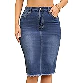 CIMUK Women's Denim Skirt High Waist Raw Hem Pockets Stretch Bodycon Pencil Skirt Knee Length Jean Skirts