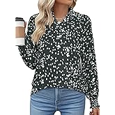 Astylish Women Trendy Lapel Neck Collared Alicia Floral Print Tops Long Sleeve Chiffon Polka Dot Blouses Summer Bohemian Shirts Smocked Green Medium