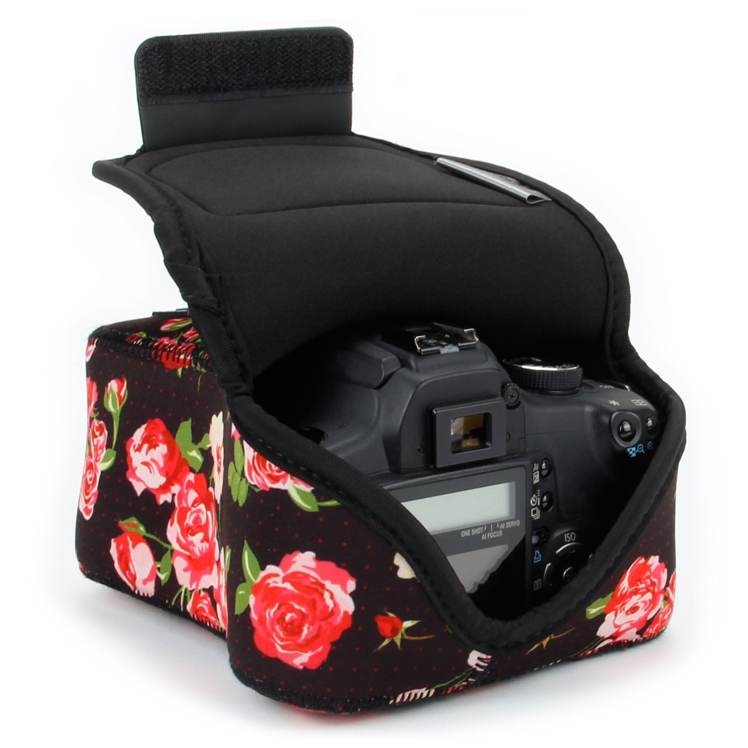 USA Gear DSLR Camera Sleeve (Floral) with Neoprene Protection, Holster Belt Loop and Accessory Storage - Compatible with Canon EOS Rebel T7, T8, SL3, R7, Nikon D3400, Pentax K-70 and Many More