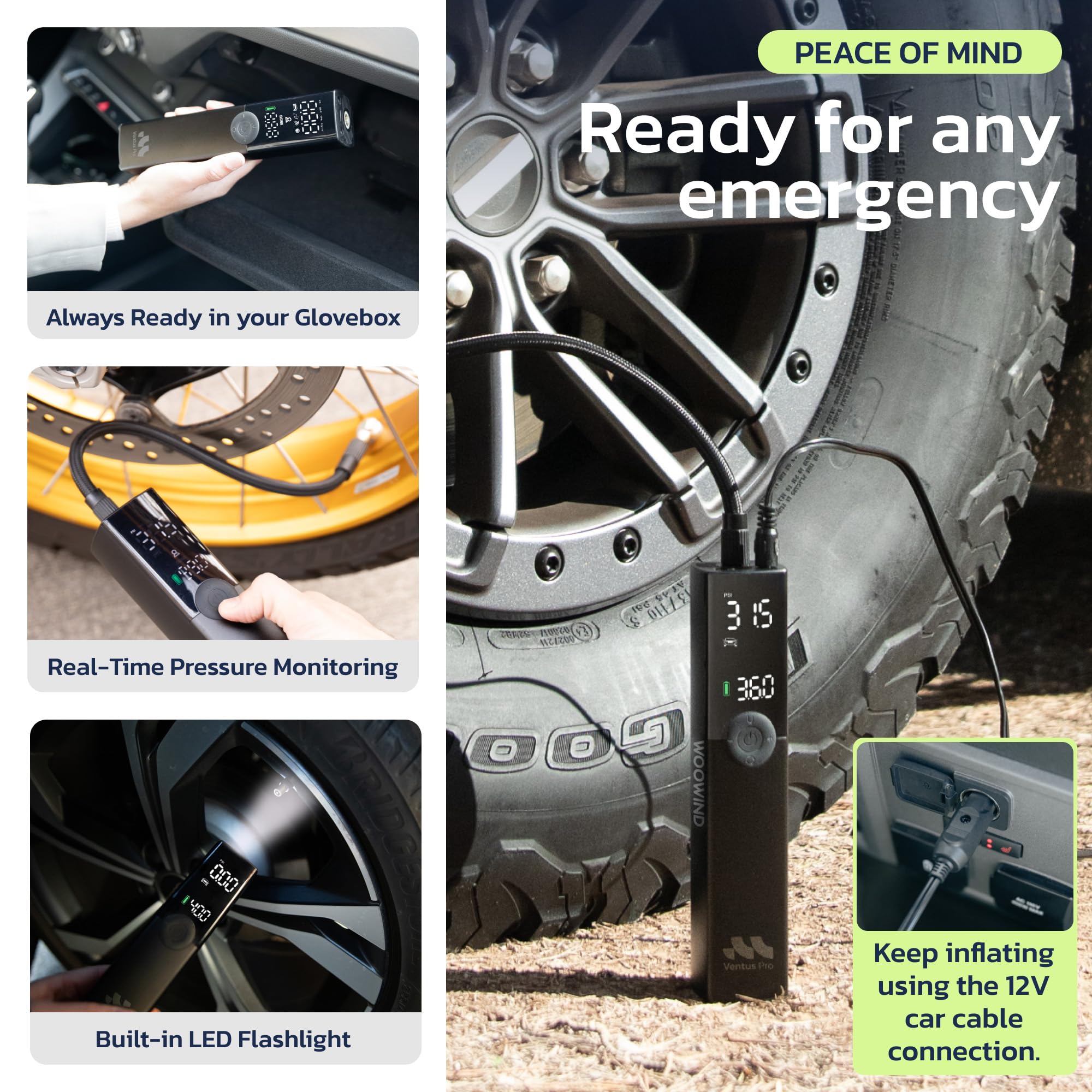 Woowind Premium Tire Inflator Portable Air Compressor, 3X Faster, 150PSI Air Pump for Car Tires, Tire Pump, with 12V DC Cord for Trucks & Off-Road Tires, Auto Shut-Off