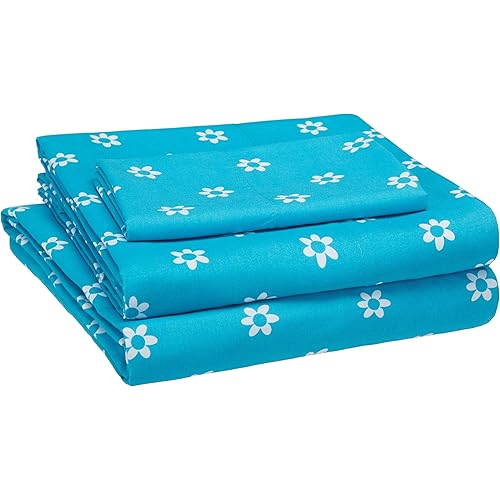 Amazon Basics Kid's Sheet Set - Soft, Easy-Wash Lightweight Microfiber - Twin, Blue Flowers