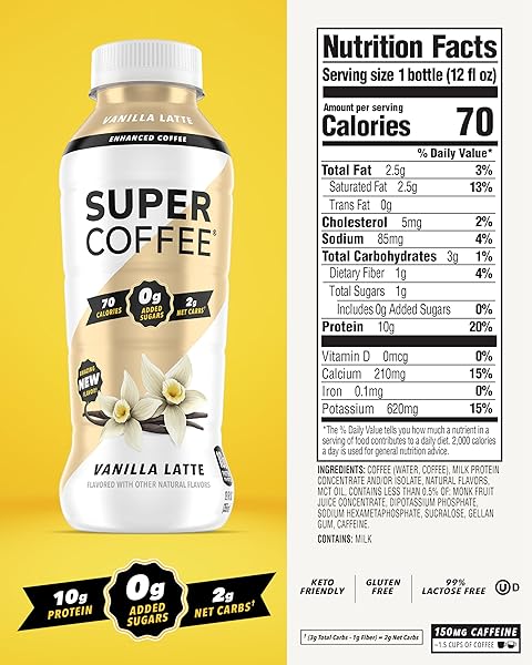 SUPER COFFEE, READY TO DRINK ICED COFFEE, VANILLA LATTE (12 OUNCE BOTTLES, PACK OF 12) – LOW NET CARBS, NO ADDED SUGAR, KETO FRIENDLY, 10G OF PROTEIN, LOW CALORIE, PROTEIN COFFEE