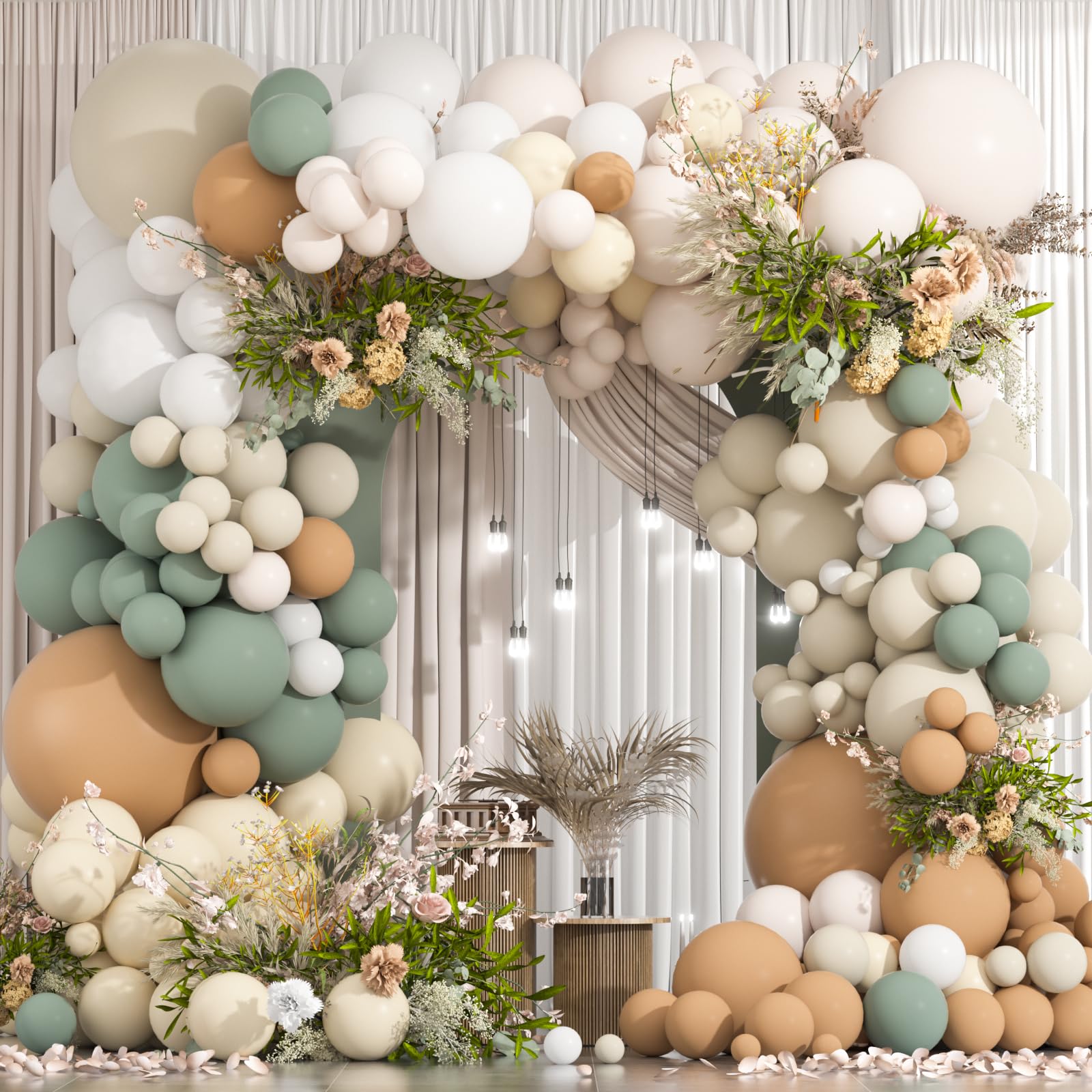 Photo 1 of 178pcs Dusty Green Sand White Balloons Arch, Double Stuffed Brown Nude Sage Green Neutral Balloons Arch Boho Pastel Balloons for Safari Baby Shower Birthday Gender Reveal Party Decorations