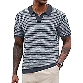 Herberton Men V Neck Polo Knit Striped Heavyweight Casual Poloshirts Summer Short Sleeve Shirt (S-XXL)