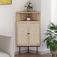 XIAO WEI 39 Inch 4-Tier Corner Cabinet with Two Hand-Woven Natural Rattan Doors, Freestanding Corner, Corner Shelf, Cane Corner Table for Small Spaces, Corner Bathroom Cabinet, Metal Legs