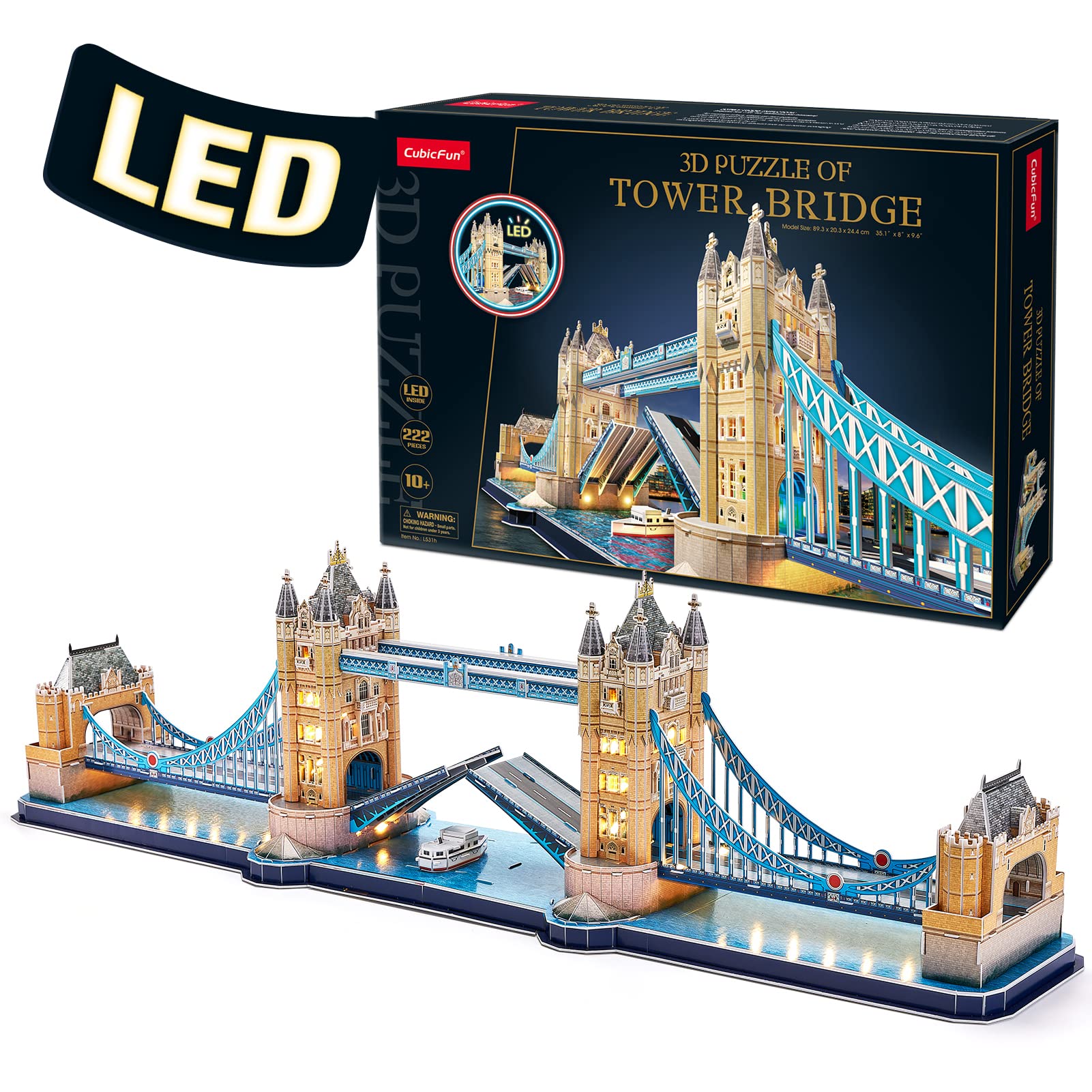 CubicFun LED London Tower Bridge 3D Puzzles for Kids Adults 89 * 24 * 20 CM- London Souvenirs Building Model Kit Gifts - UK London Jigsaw Puzzles for Kids Age 10 Year Old Up- 222 Pcs — image 1