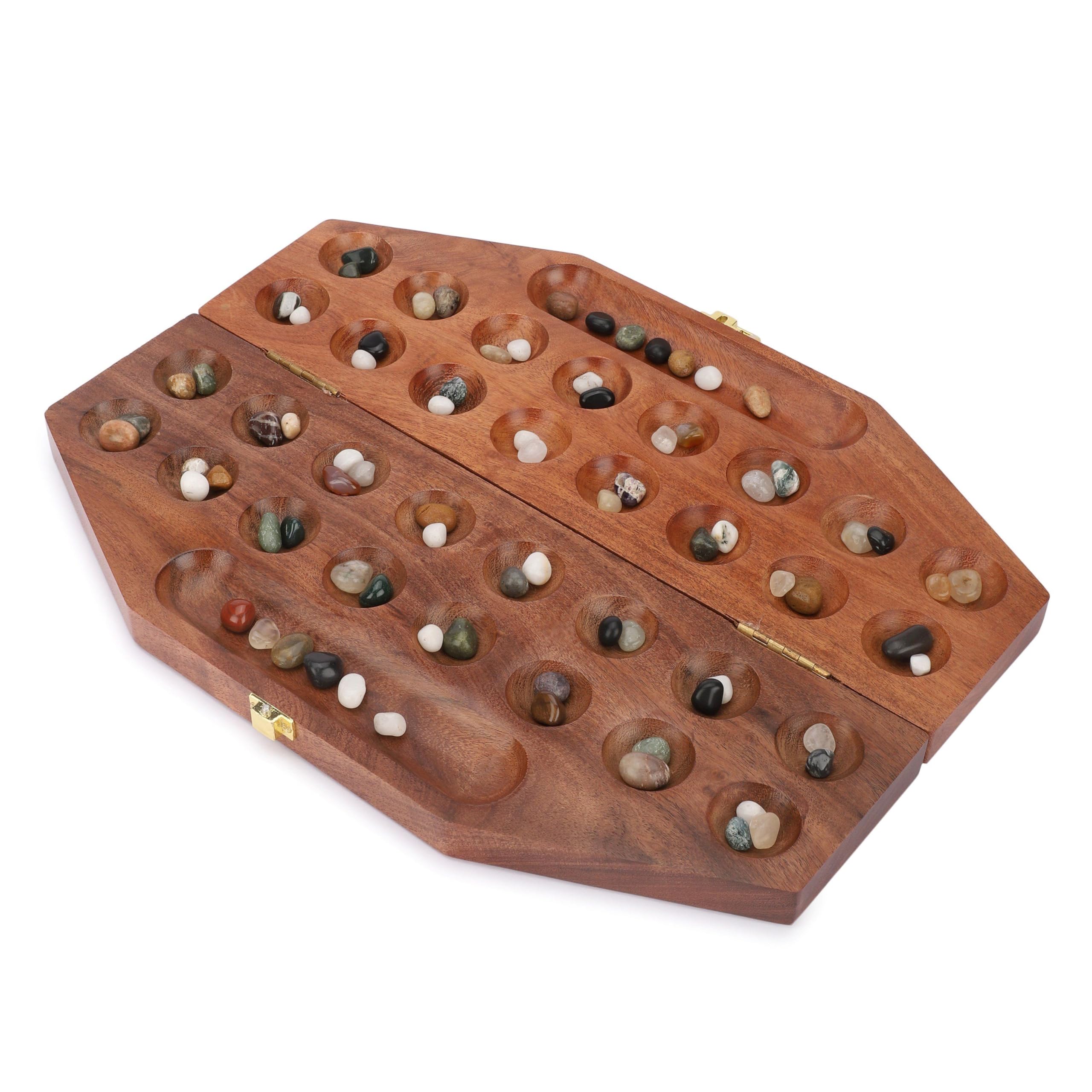 Ajuny Wooden Mancala Board Game Set - Folding Board with Multicolor Stones, Ideal for Family Night, Portable Travel Fun Classic Table Game for Adults & Kids