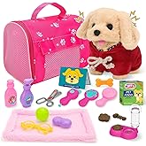 deAO Dog Toys for Kids Stuffed Dog Plush Toys with Carrier Cage,Pet Mat Pretend Play Puppy Pet Care Feeding Playset Toys Gifts for Boys Girls 3 4 5 6 Year Old