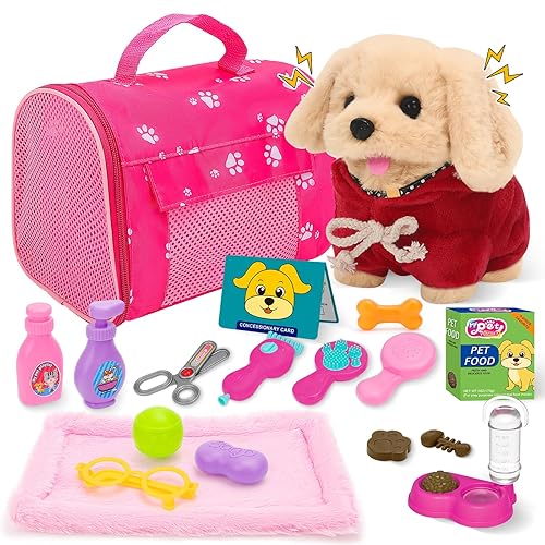 deAO Electronic Plush Puppy Dog Toy with Sound Tail Wags Nodding Interaction, Toy Dog Including Grooming Tools, Feeding Bowl, Bath Accessories, Portable Pet Carrier Bag, Interactive Gift for Kids 3+