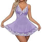 Crexomi Women Sexy Lingerie Babydoll Mini Dress Floral Lace Sheer Chemise Sleepwear Mesh Lingerie Set with G-String