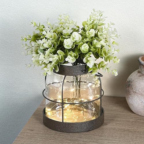 Dnnnii Vintage Glass Farmhouse Vase - Handmade Rustic Lantern Planter with Bonus Artificial Flowers & LED Lights (Home Decor Centerpiece), Farmhouse Wedding/Tabletop Decor, Housewarming Gift