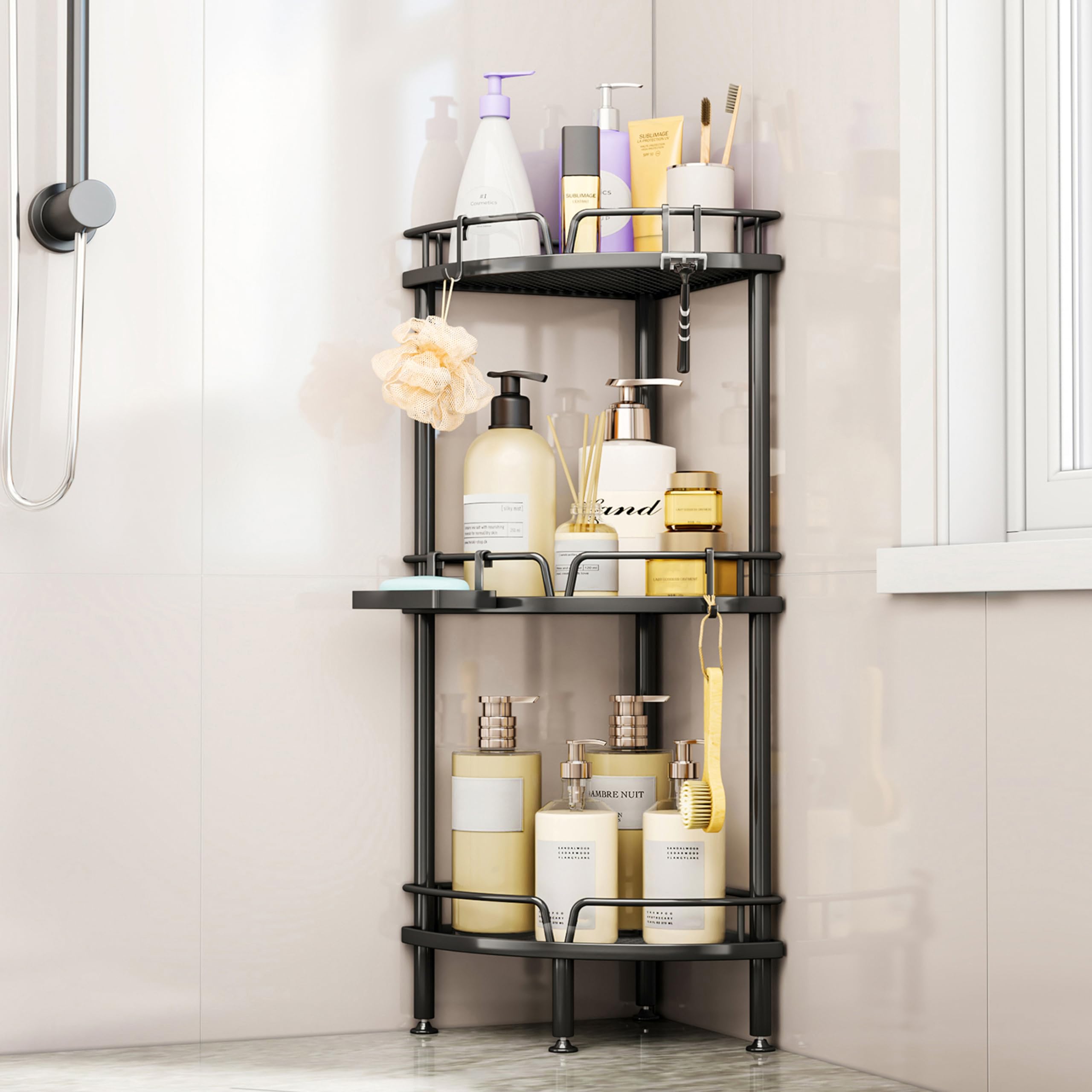SWTYMIKI Freestanding Shower Caddy Corner - 3 Tier Corner Shower Storage Organiser with 4 Hooks, Rust Free Standing Bathroom Corner Shelves no Drilling with Soap Holder, Black