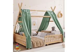 MoproBeti Montessori Bed Full Size with Light and Slats, Wood Teepee Floor Bed for Kids Boys Girls,House Bed Frame with Rails & Roof,No Box Spring Needed, Natural