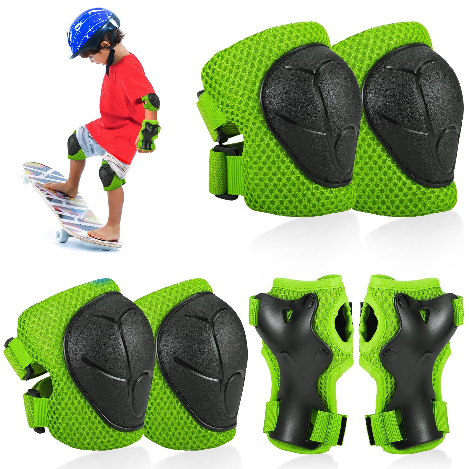 Hejo 6 Pcs Kids knee Pads Elbow Pads, Breathable Guards Protective Gear Set from PE for Children Youth ,With Wrist Pads, for Skating, Scooter, Skateboard, Bike (Green)