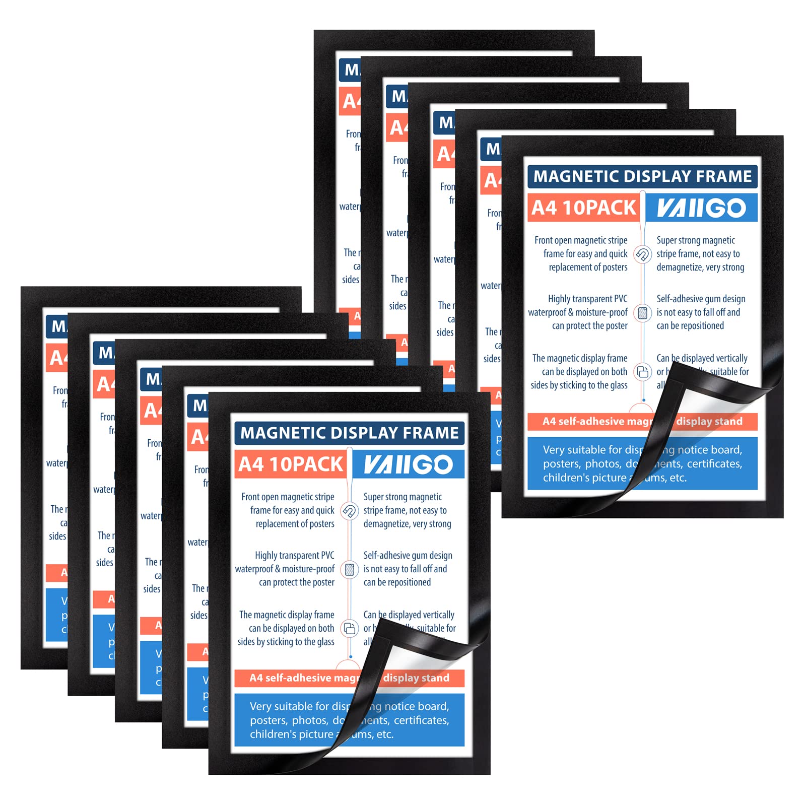VAIIGO A4 Self Adhesive Magnetic Display Frame, Magnetic Paper Holder for License, Photos, Documents (10Pack, Black)