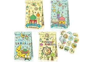 YVAINE 12-Pack Eid Mubarak Goodie Bags with Stickers - Ramadan Candy Treat Bags 8.7x4.7x3.2 Inches, Double-Sided Printed Colo