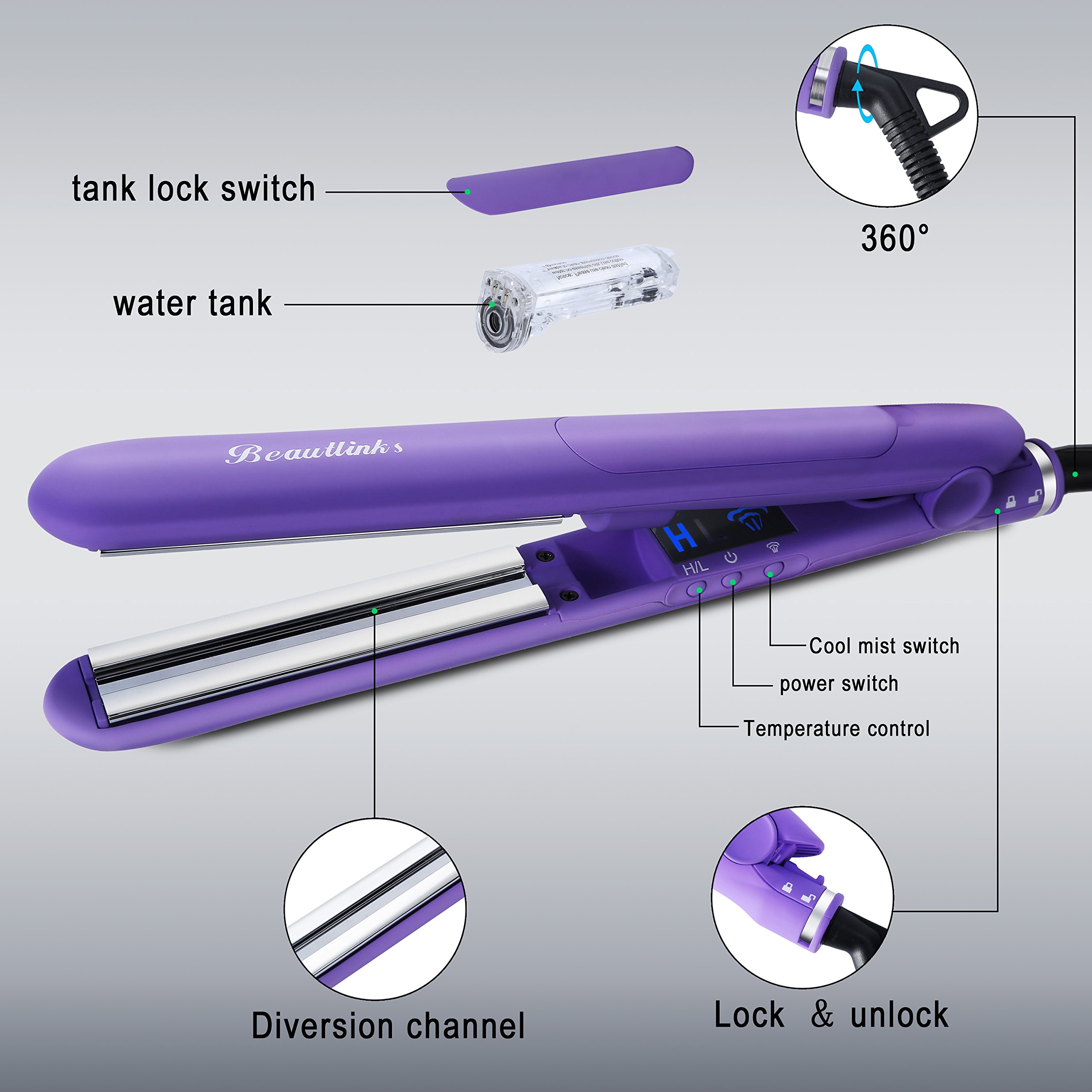 Haarglätter Dampf, Beaulinks Stream Multistyler Lockenstab 2 in1 Glätten & Locken Professionelles Salon mit PTC Heiztechnologie LED Anzeige 170 ℃ -220 ℃ Lila