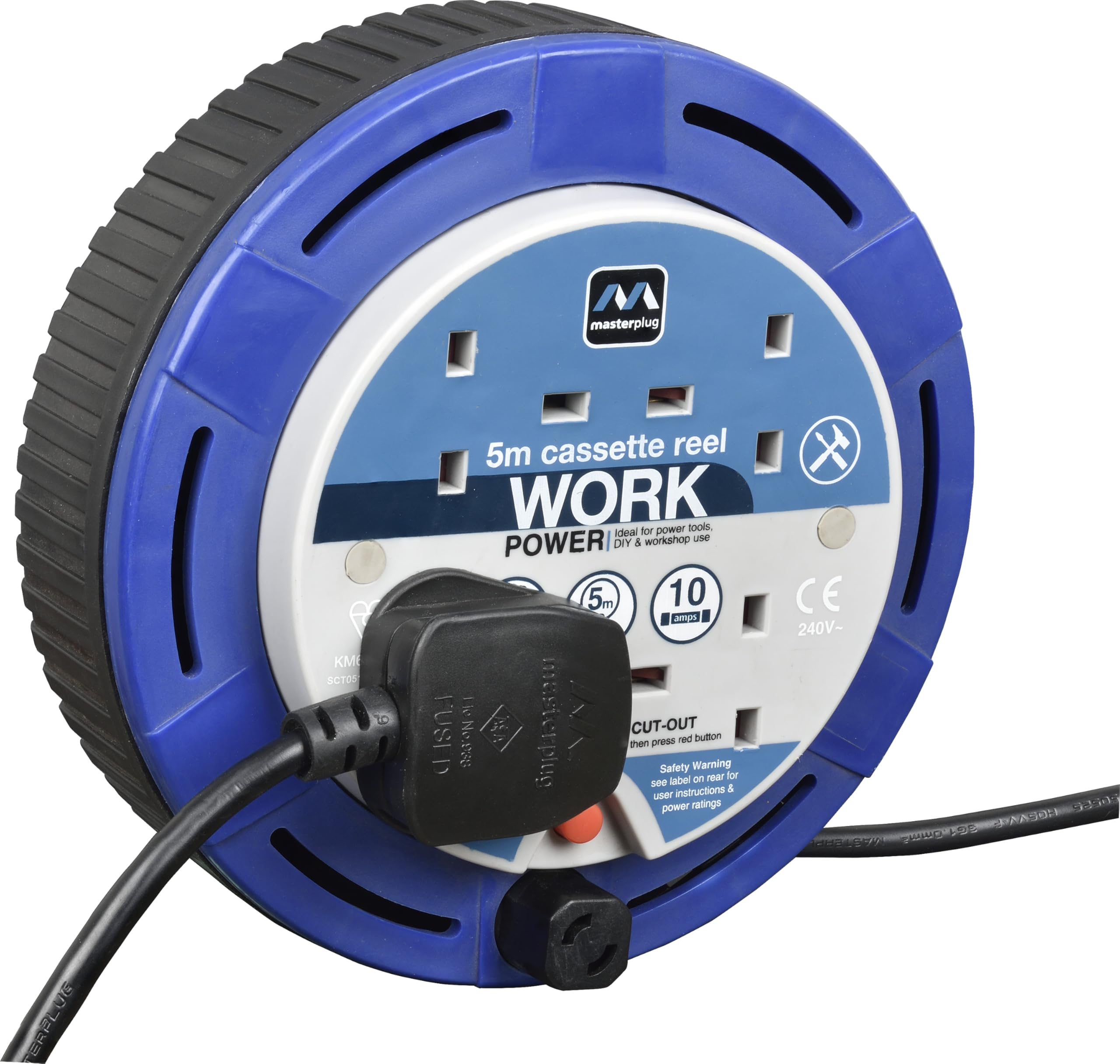 Masterplug Four Socket, 5 Metre Cassette Reel, Small Extension Lead Cable Reel, Wind-Up Retractable Power Cord Reel, Thermal Cut Out, Work Power, Blue/Black, 10A, 4G, 5m, SCT0510/4BL — image 1