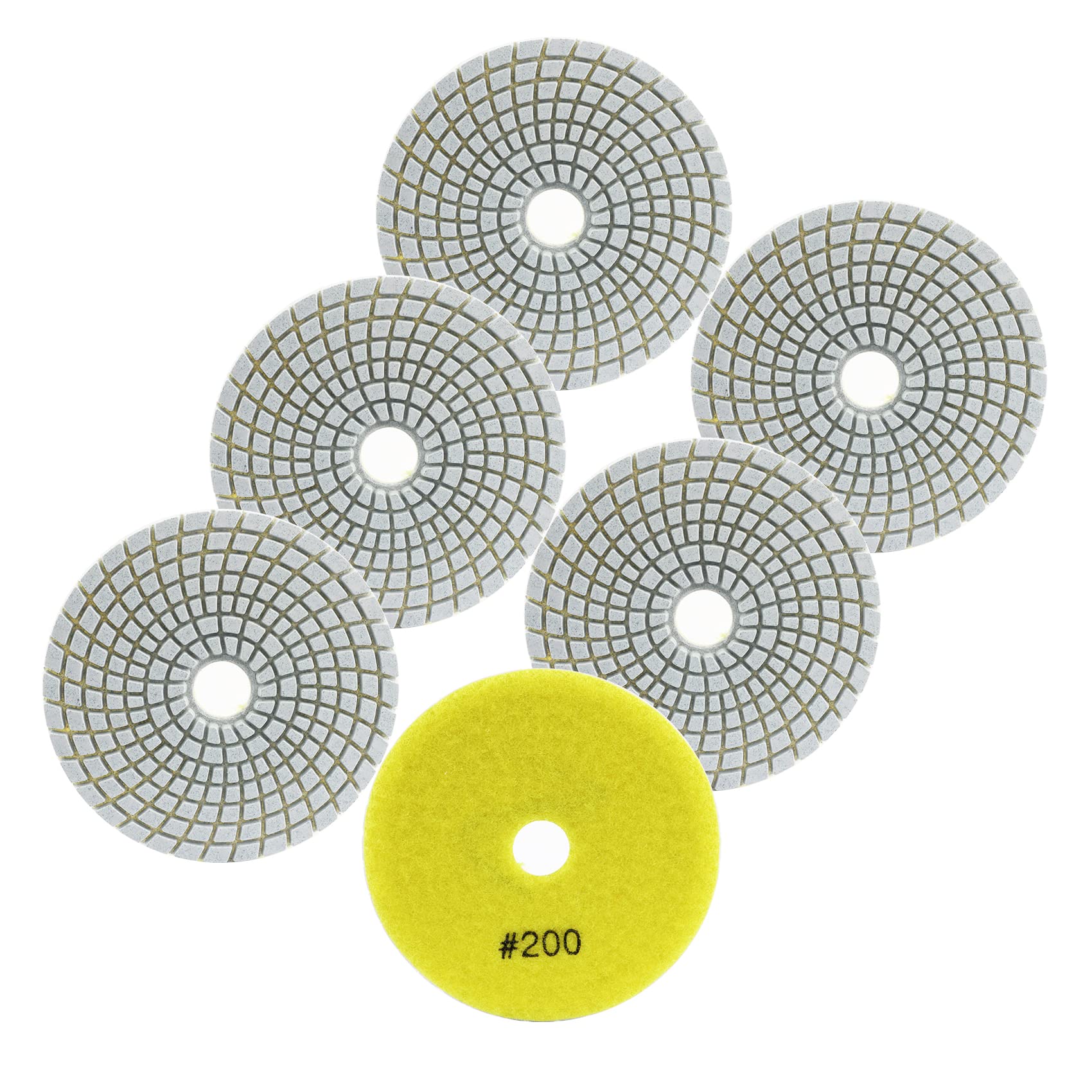 FOCSTOL Diamond Wet Polishing Pads - 6pcs 100mm Grit 200 Polishing Kit for Granite Marble Artificial Stone Quartz for Angle Grinder