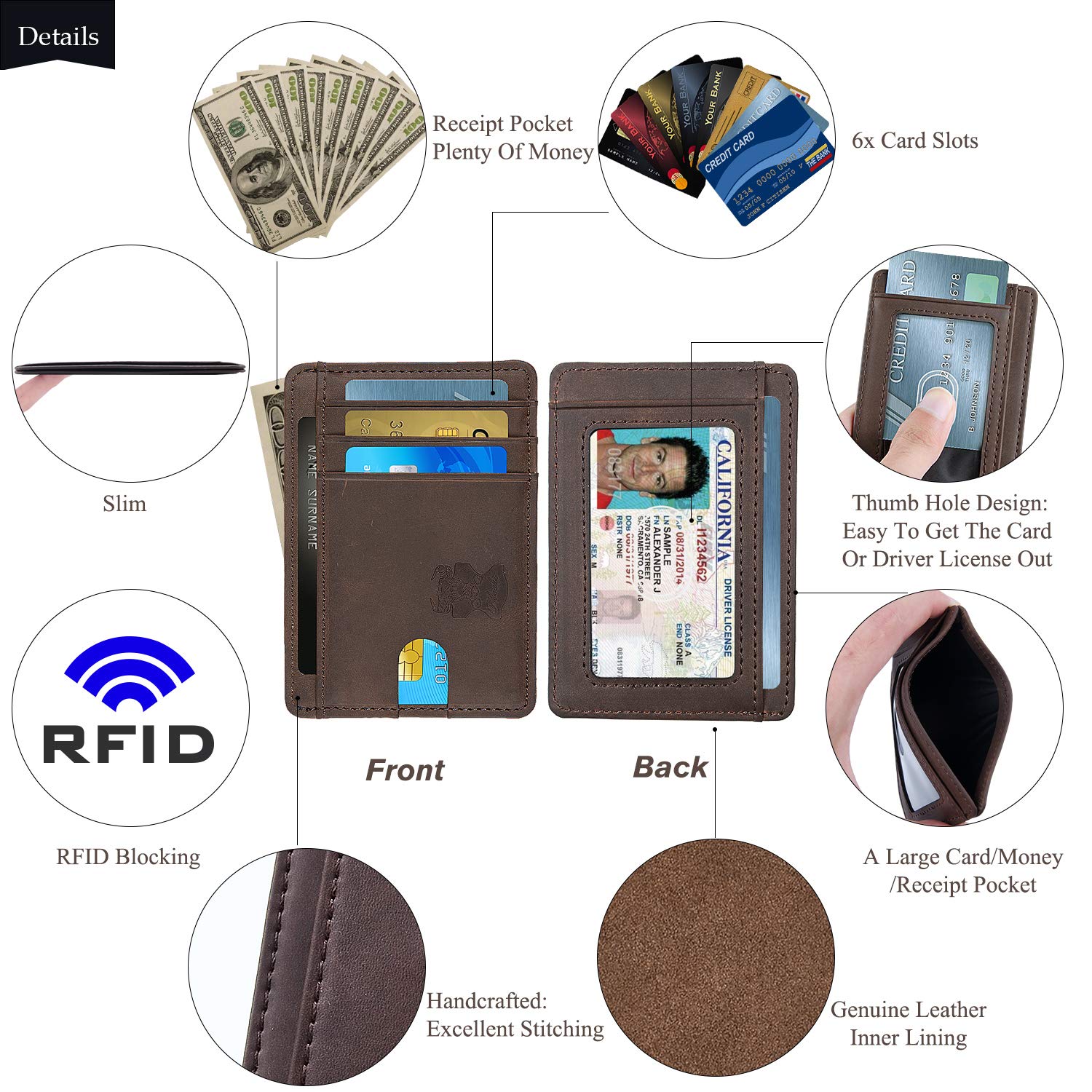 Mens Money Clip Wallet Leather Slim Front Pocket Magnetic RFID Money Clip Wallet (brow without manget)